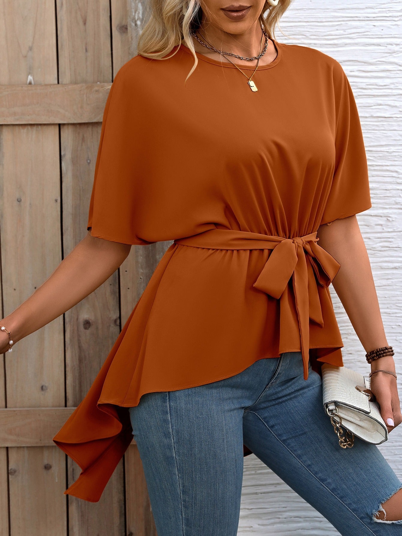Blouse femme – Coupe décontractée – Taille nouée – Manches courtes – Tissu fluide respirant