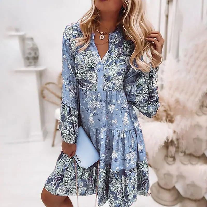 Robe mini femme – Coupe fluide – Manches longues – Motif patchwork – Col en V