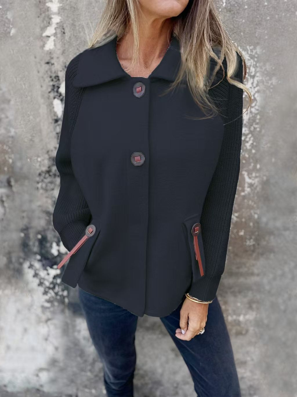 Veste femme – Coupe décontractée – Manches côtelées – Col large – Boutonnage devant