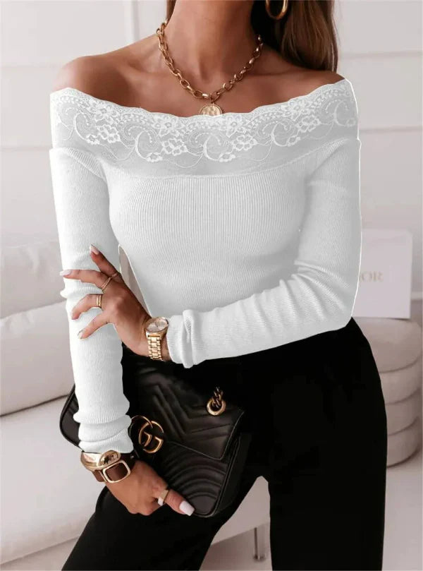 Top épaules dénudées femme – Coupe slim – Dentelle – Maille côtelée – Manches longues
