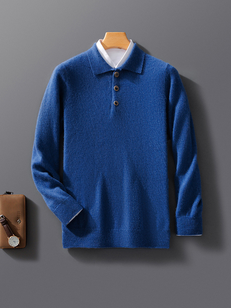 Sweatshirt homme – Maille laine – Coupe décontractée – Col polo – Bouton décoratif