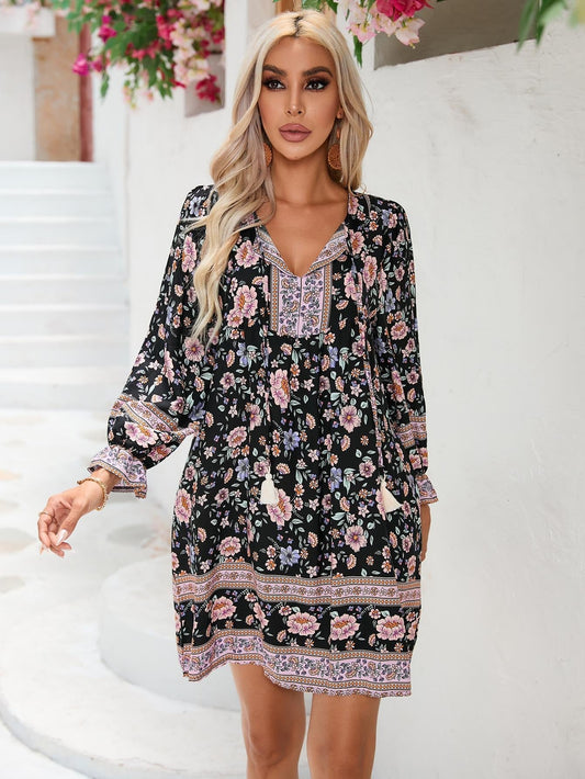 Robe femme – Coupe trapèze – Coton léger – Imprimé fleuri – Manches longues amples