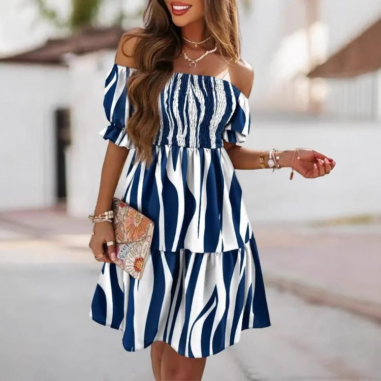 Robe midi femme – Une épaule – Coupe évasée – Taille plissée – Imprimé élégant
