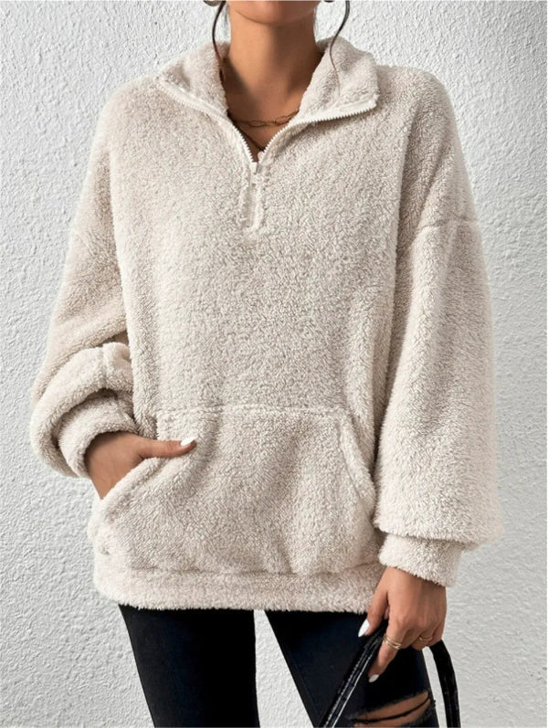 Sweat-shirt femme en polaire – Coupe décontractée – Col montant – Zip – Poche kangourou