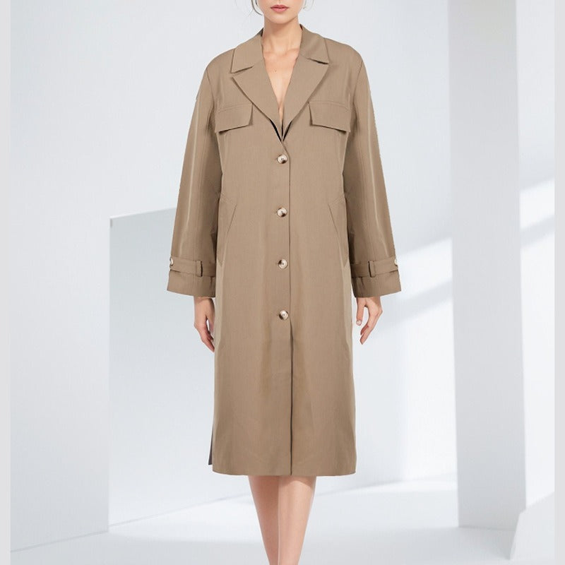 Manteau trench femme – Coupe oversize – Col V – Poches à rabat – Mi-long coton