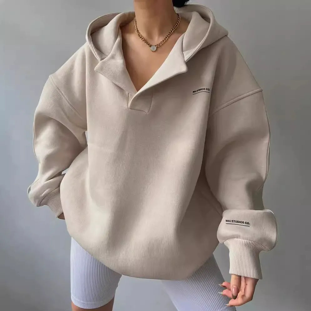 Sweat à capuche femme – Coupe oversize – Doublure chaude – Col V – Poignets côtelés
