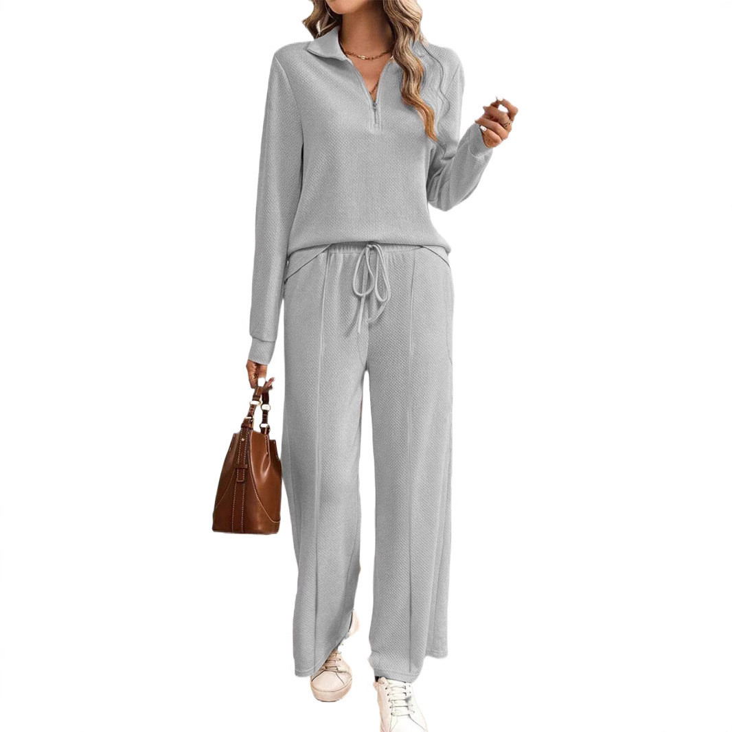 Ensemble Femme – Décontracté Deux Pièces – Maille Texturée – Col Zippé – Taille Élastique