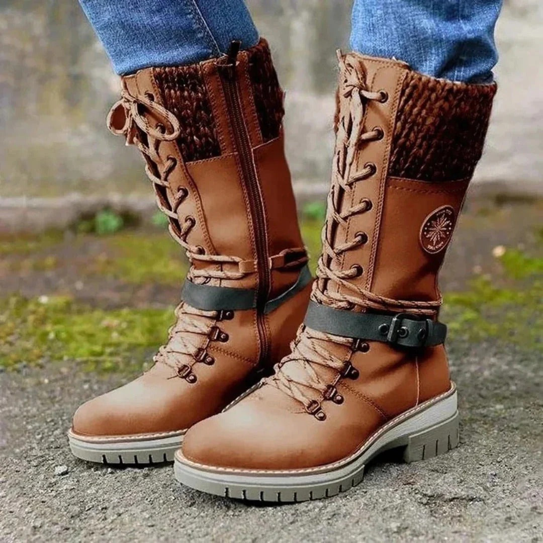 Bottes femme hauteur genou – Laçage frontal – Zip latéral – Revers en maille laine