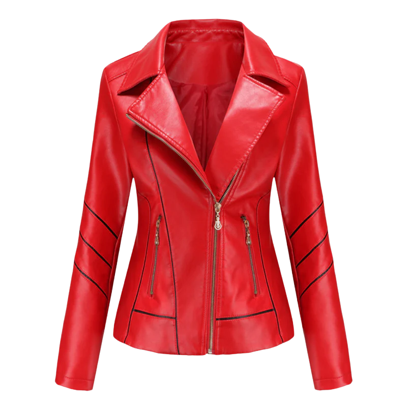 Veste en cuir femme – Coupe ajustée – Zip asymétrique – Col à revers – Style biker