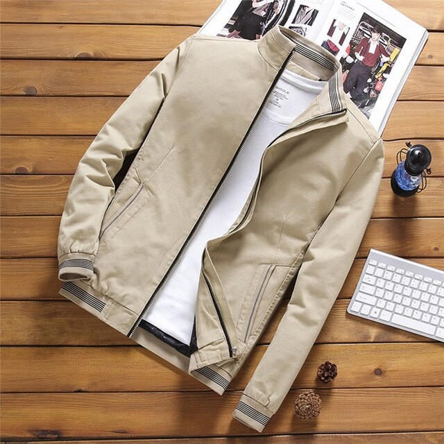 Blouson homme – Coupe décontractée – Mélange coton – Col montant – Zip frontal