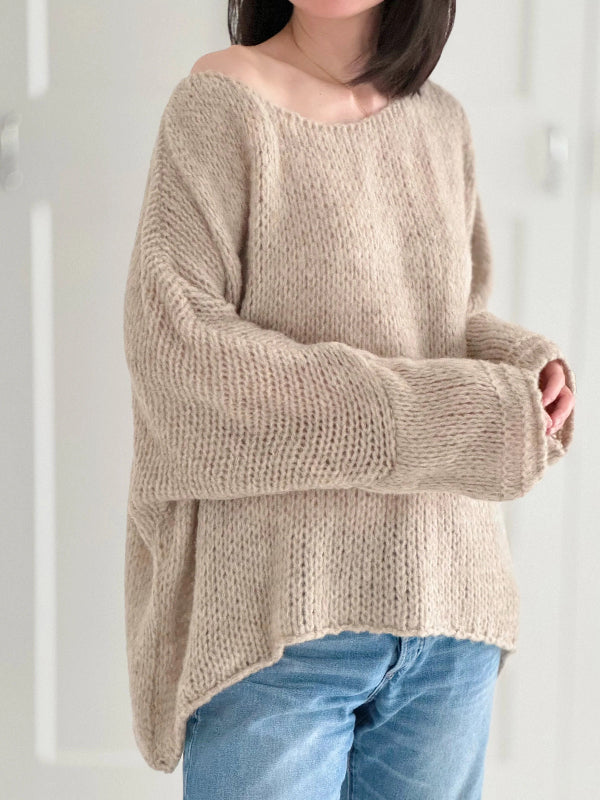 Pull femme – Coupe oversize – Maille épaisse – Épaules dénudées manches longues