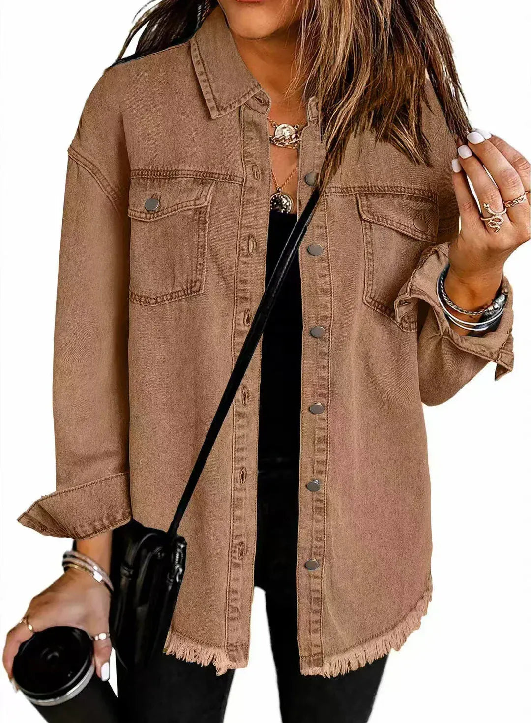 Veste en jean femme – Coupe décontractée – Ourlet effiloché – Boutons métalliques