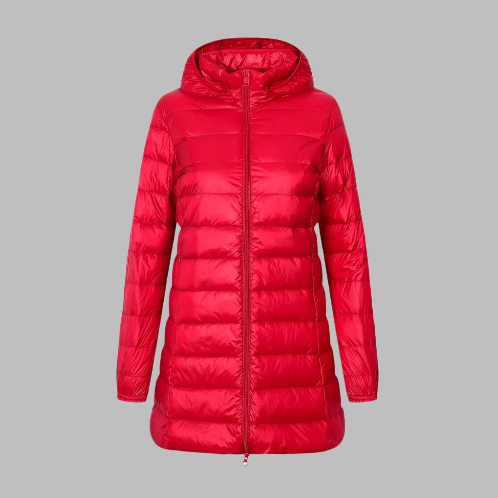 Doudoune femme – Coupe ajustée – Longueur mi-cuisse – Matelassée – Imperméable avec capuche