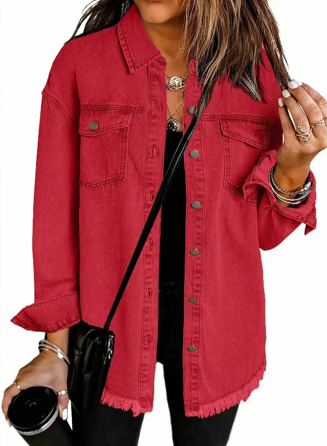 Veste en jean femme – Coupe décontractée – Ourlet effiloché – Boutons métalliques