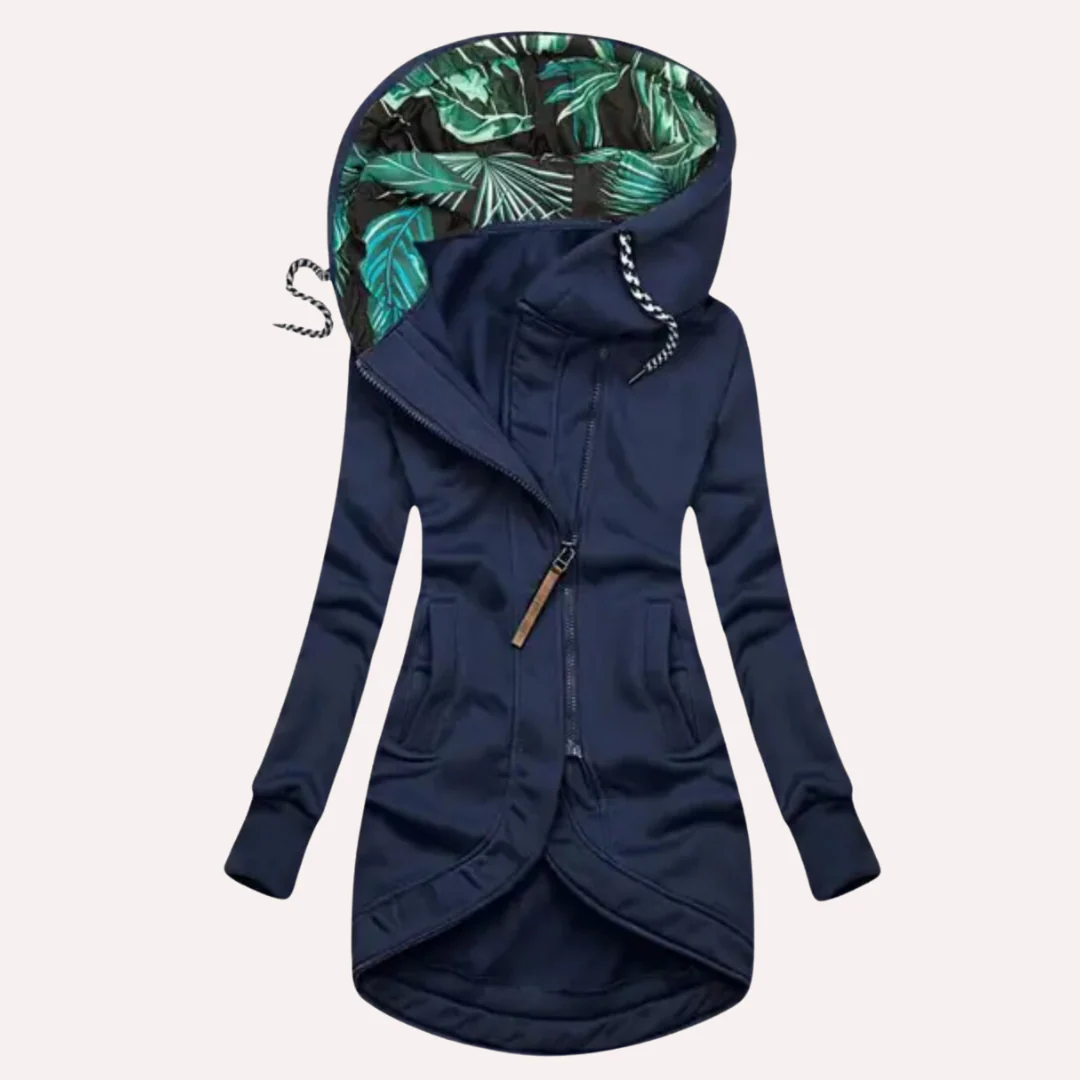 Veste femme – Coupe slim – Longue en polaire – Capuche à motif – Fermeture asymétrique