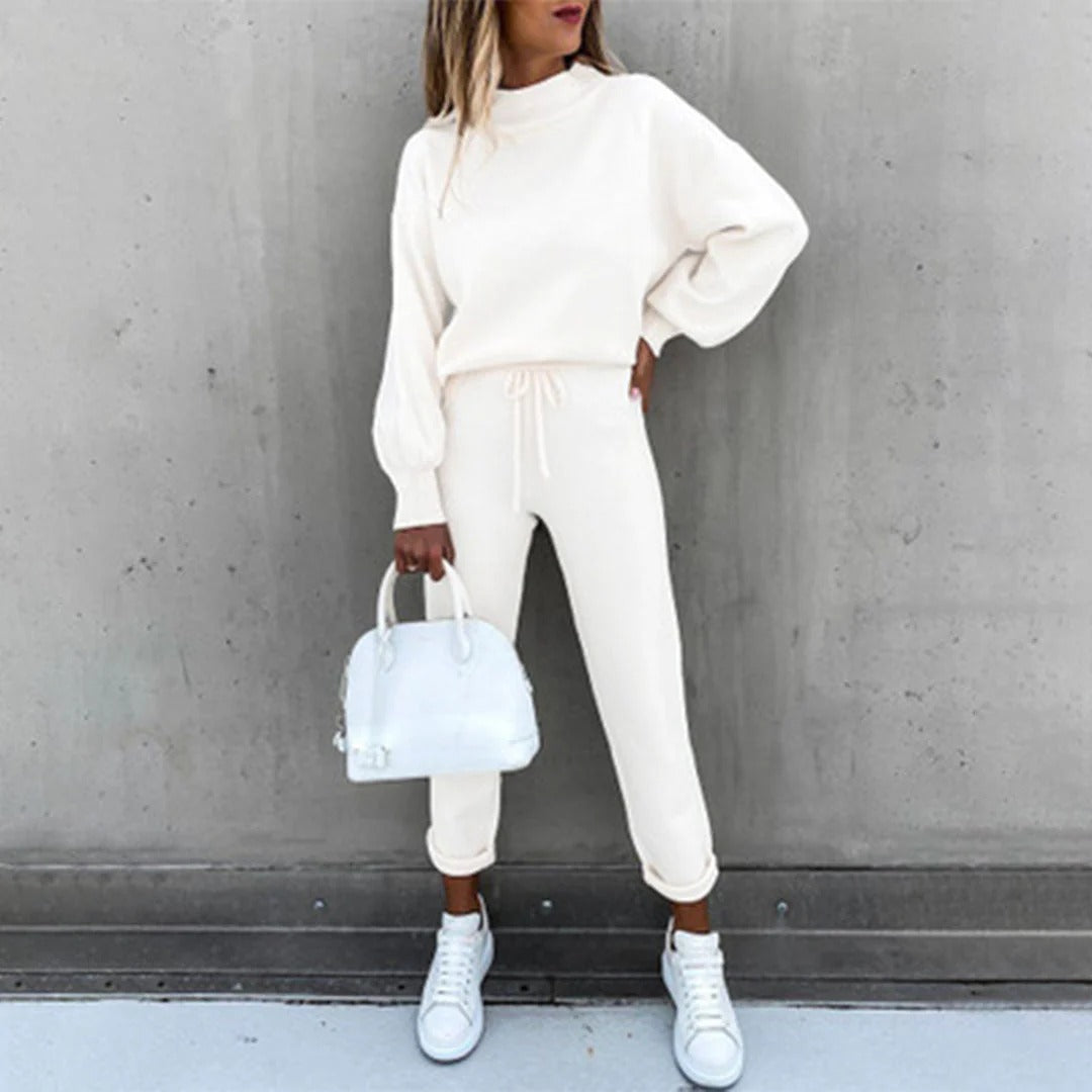 Ensemble de détente femme – Maille coton – Haut col montant – Pantalon fuselé avec cordon