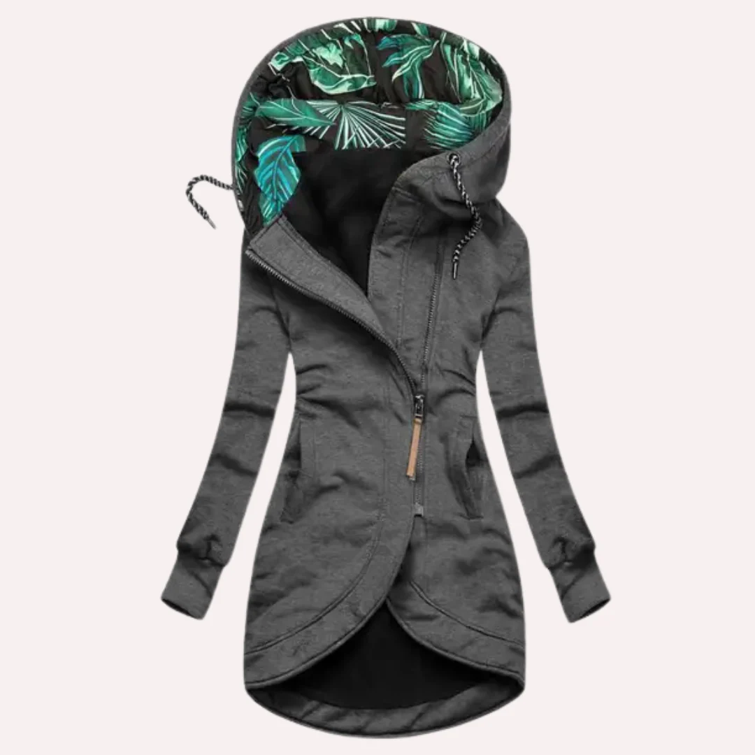 Veste femme – Coupe slim – Longue en polaire – Capuche à motif – Fermeture asymétrique