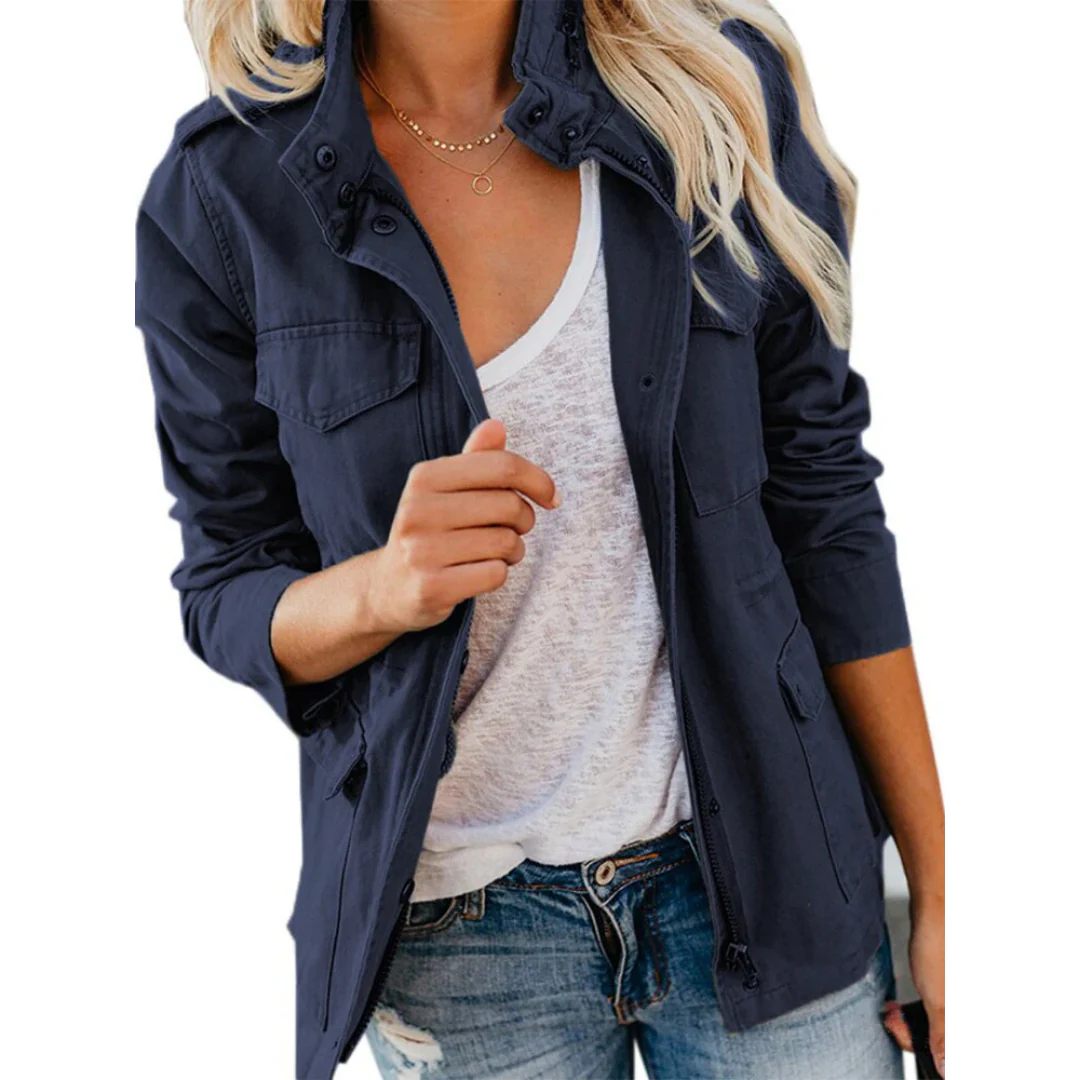 Veste femme – Coupe structurée – Fermeture zippée – Boutons pression – Coton doux
