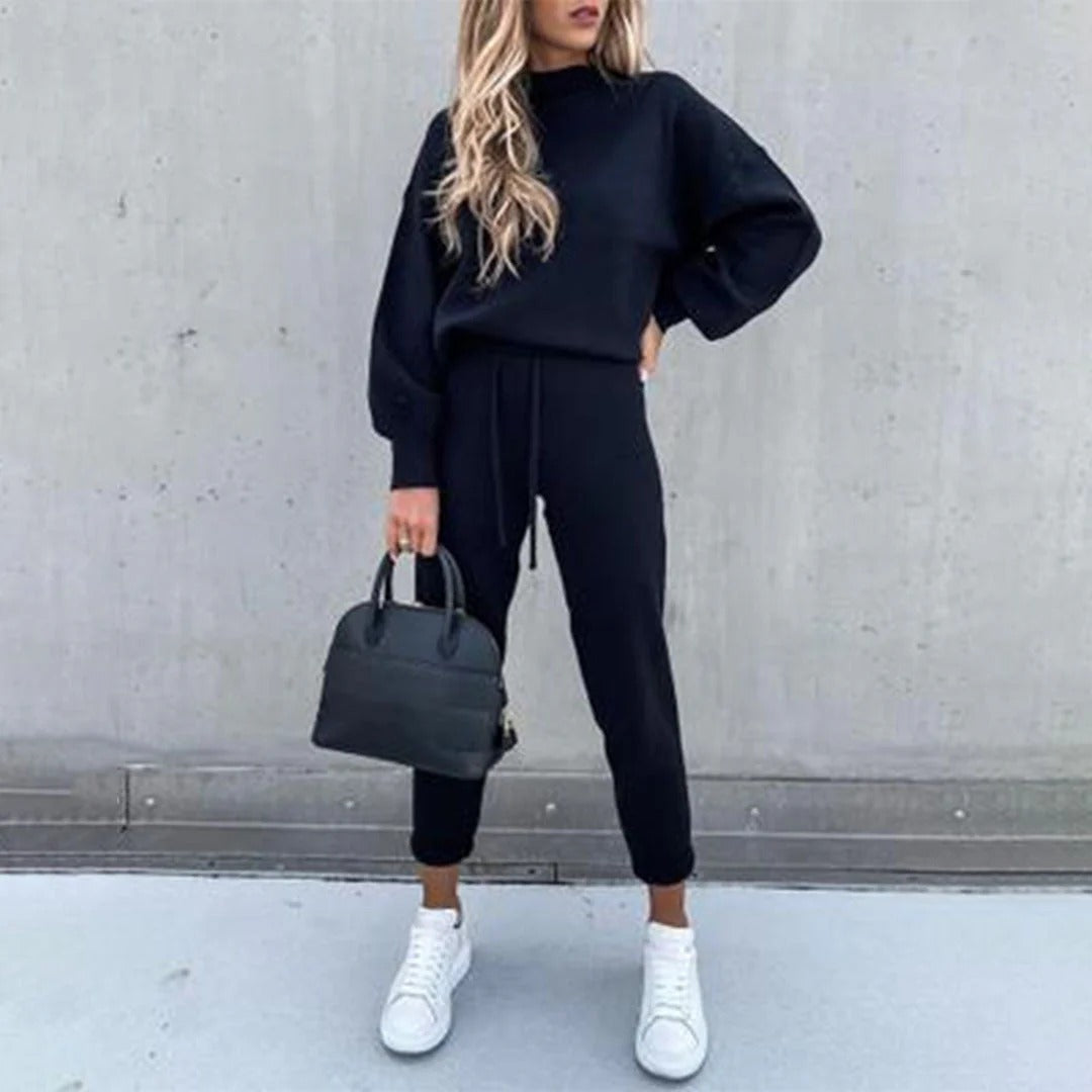 Ensemble de détente femme – Maille coton – Haut col montant – Pantalon fuselé avec cordon