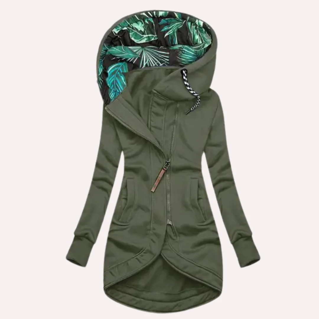 Veste femme – Coupe slim – Longue en polaire – Capuche à motif – Fermeture asymétrique