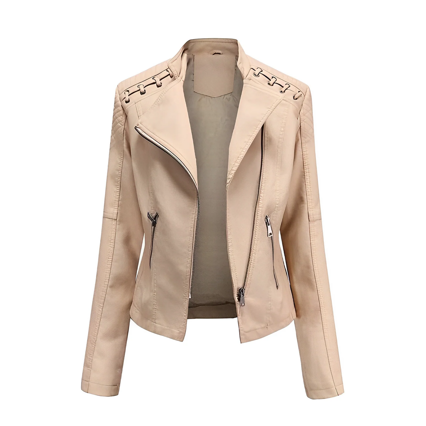 Veste en cuir femme – Coupe ajustée – Zip asymétrique – Épaules matelassées