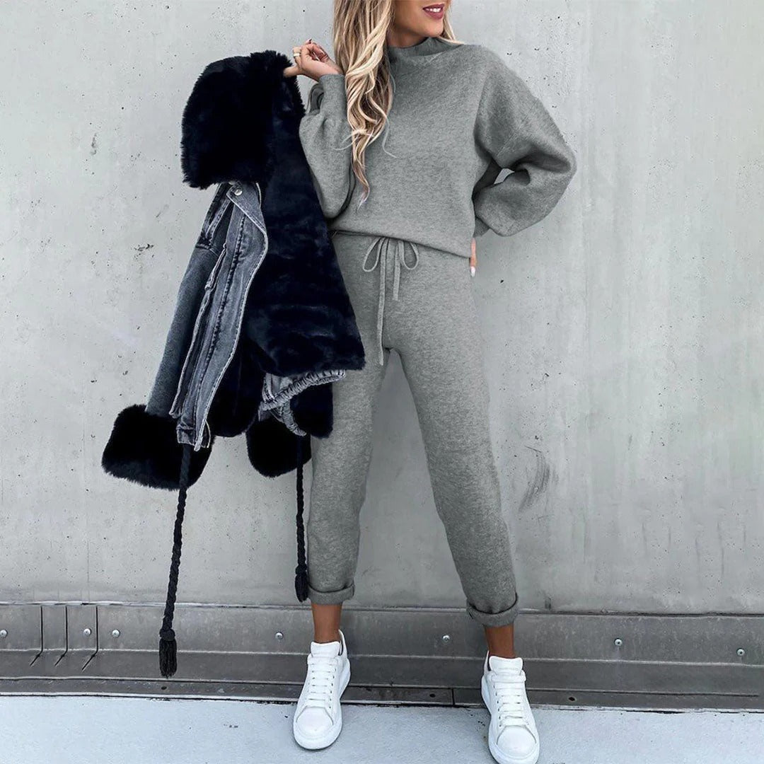 Ensemble de détente femme – Maille coton – Haut col montant – Pantalon fuselé avec cordon
