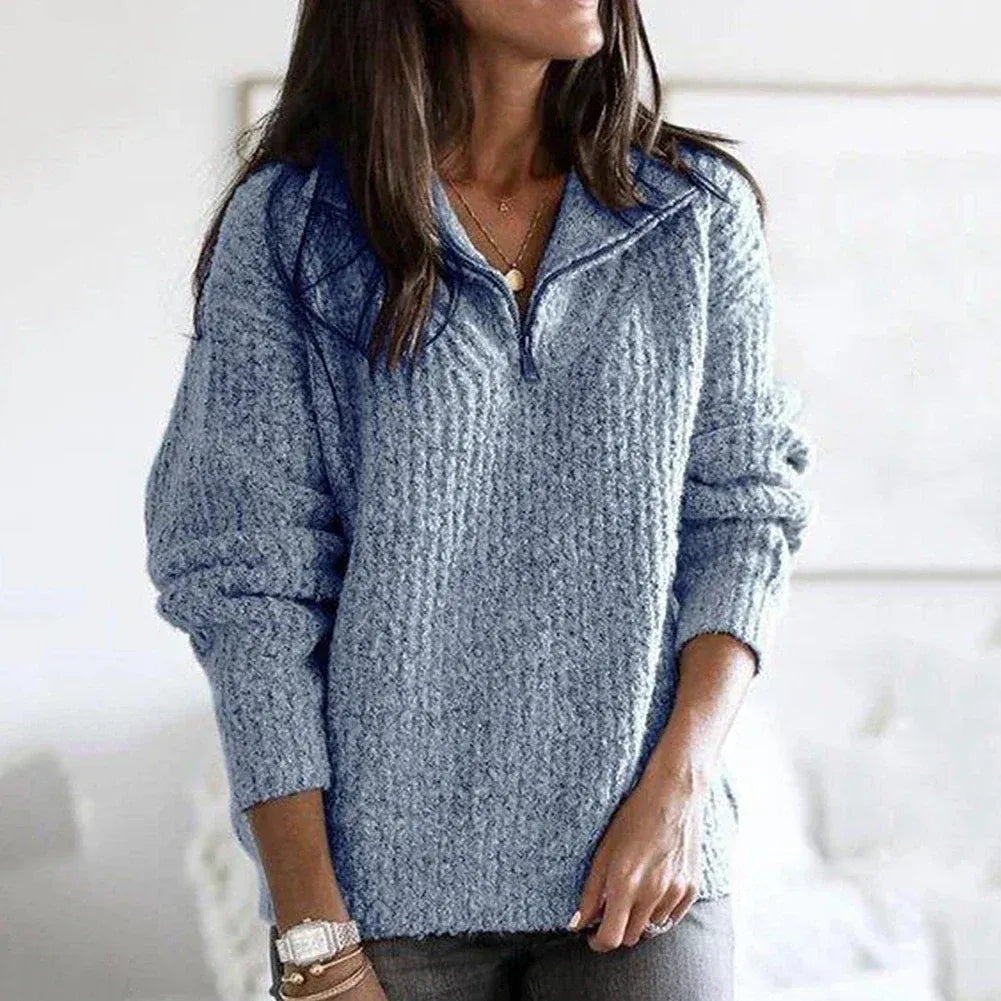 Pull à demi-zip femme – Coupe décontractée – Maille épaisse – Mélange laine doux