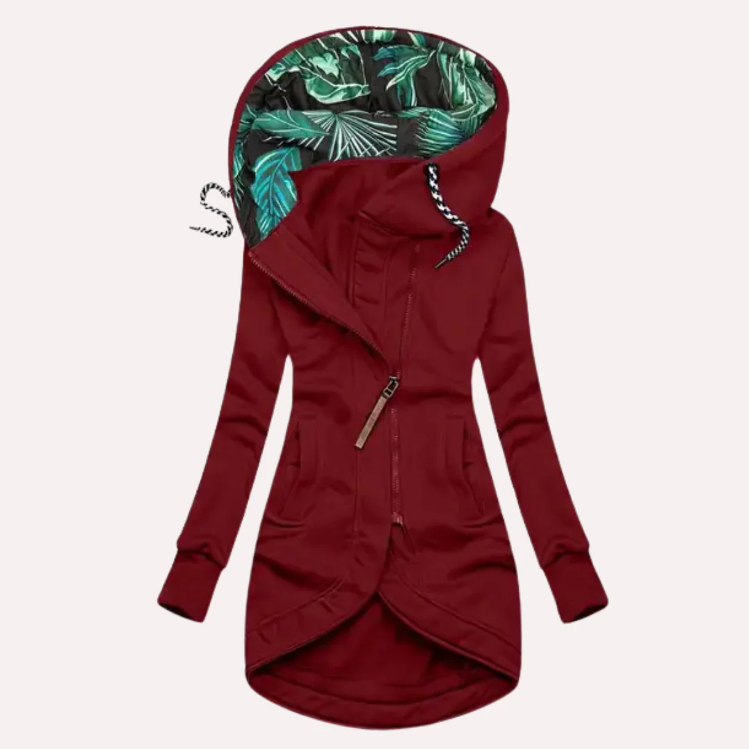 Veste femme – Coupe slim – Longue en polaire – Capuche à motif – Fermeture asymétrique