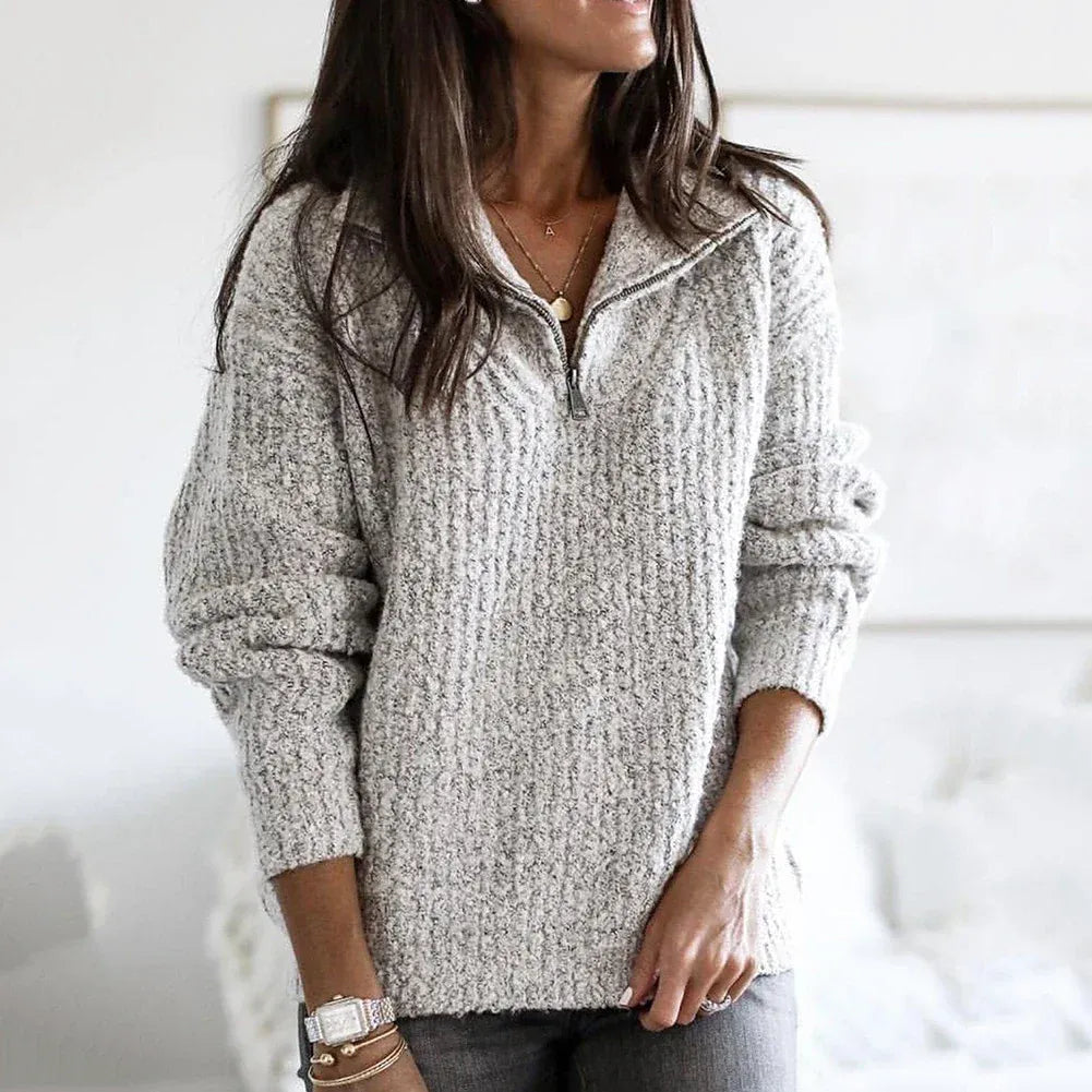 Pull à demi-zip femme – Coupe décontractée – Maille épaisse – Mélange laine doux