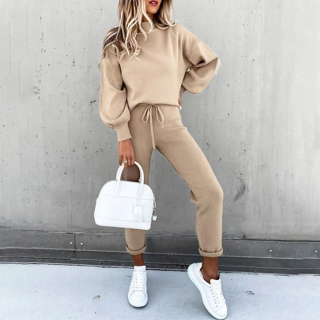 Ensemble de détente femme – Maille coton – Haut col montant – Pantalon fuselé avec cordon