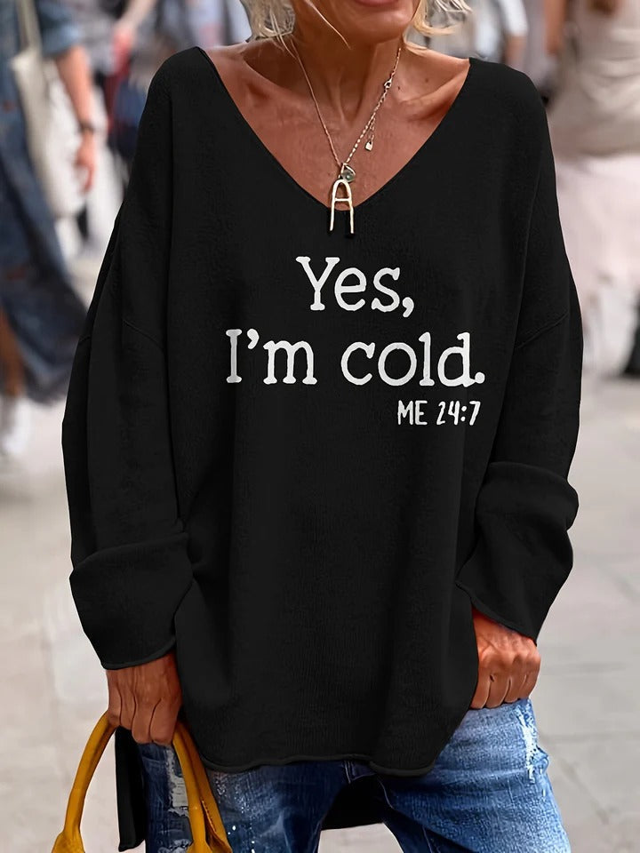 Pull femme – Maille douce – Coupe oversize – Col V – Épaules tombantes – Imprimé texte