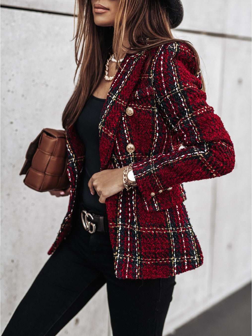 Blazer femme – Coupe cintrée – Double boutonnage – Tissu texturé imprimé – Épaules structurées