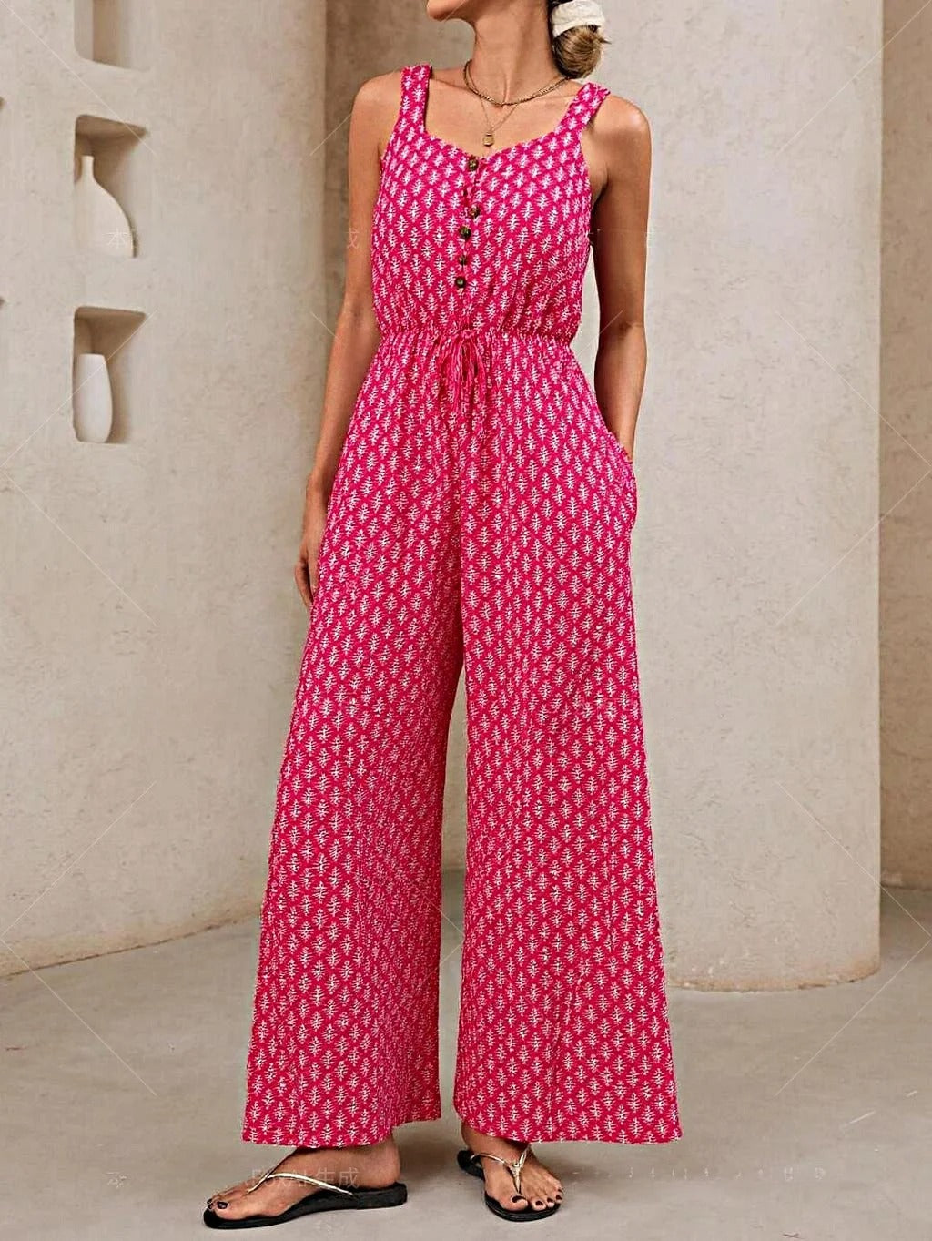 Combinaison Femme – Coupe Ample – Sans Manches – Décolleté V – Taille Cordon – Tissu Respirant