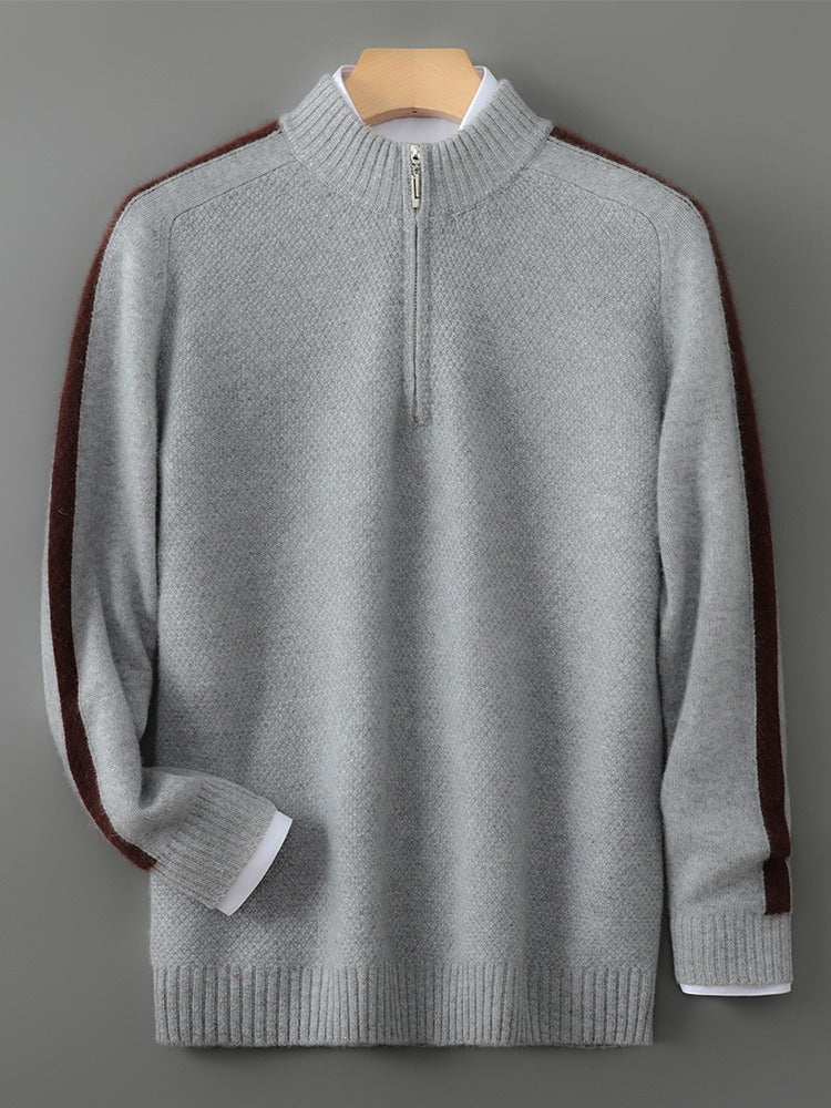 Sweat-shirt homme – Laine – Coupe classique – Demi-zip – Col et poignets côtelés