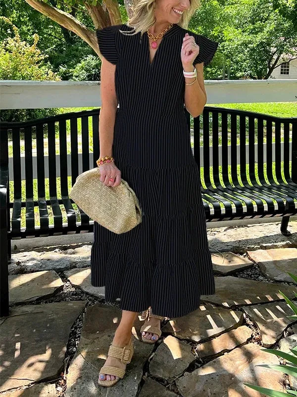 Robe midi femme – Coupe ample – Imprimé rayé – Manches volantes – Col en V – Coton