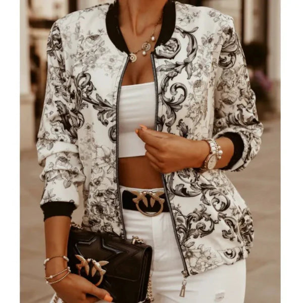 Veste Femme Courte – Coupe Slim – Imprimé Feuilles – Fermeture Zippée – Finitions Côtelées