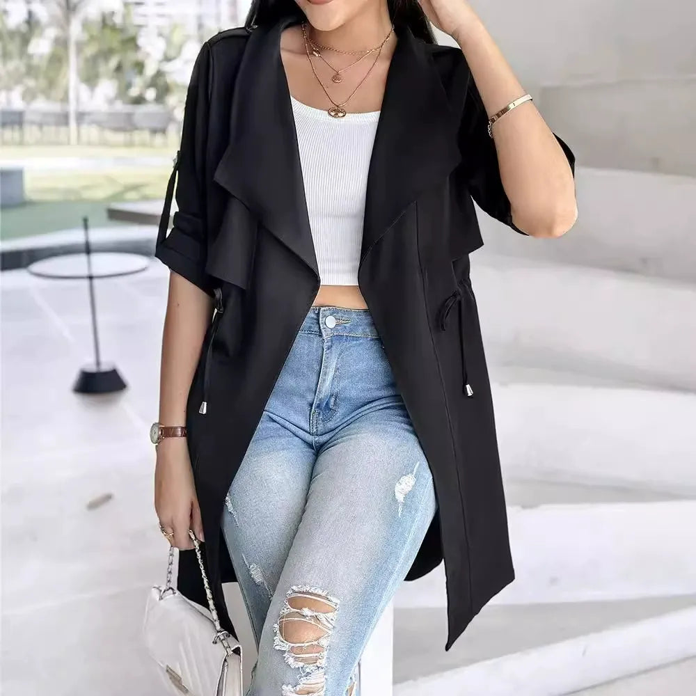 Manteau trench femme – Coupe décontractée – Taille ajustable – Manches retroussées – Longueur mi-cuisse