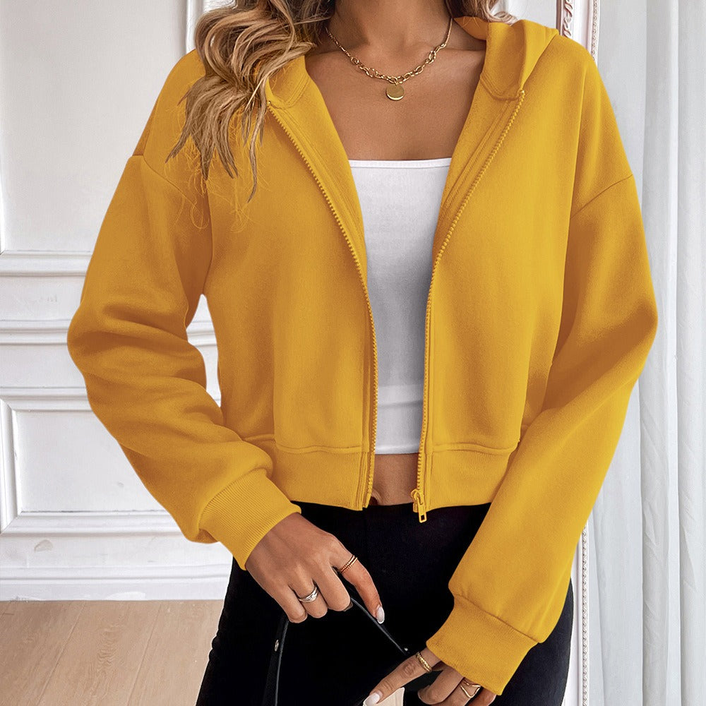 Sweat à capuche court femme – Coupe décontractée – Coton – Manches longues zippé