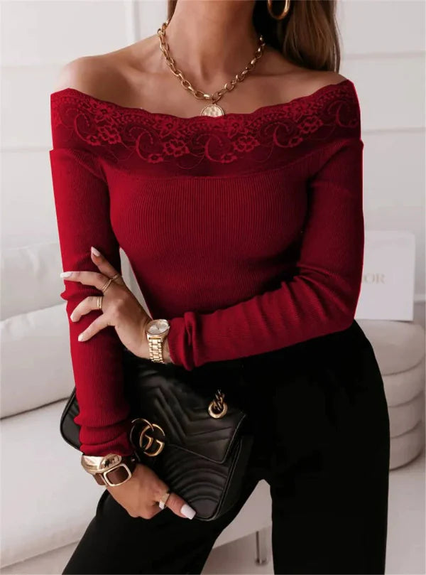 Top épaules dénudées femme – Coupe slim – Dentelle – Maille côtelée – Manches longues