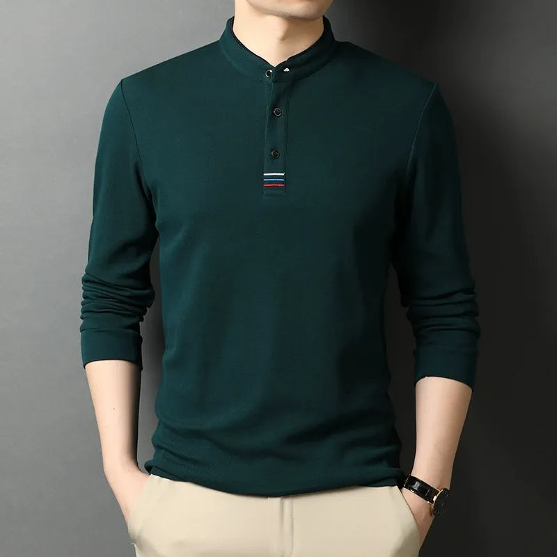 T-shirt manches longues homme – Coton – Coupe régulière – Col montant – Patte boutonnée