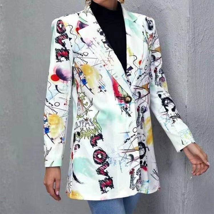 Veste femme – Coupe structurée – Imprimé abstrait – Col à revers – Manches longues
