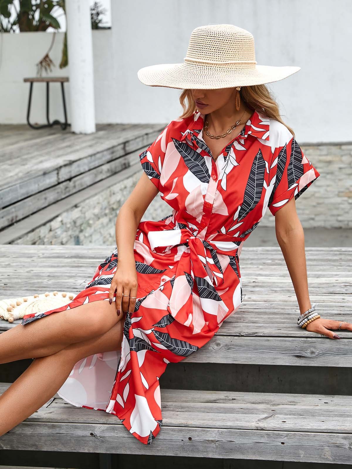Robe Midi Femme – Coupe Décontractée – Ceinture Taille – Coton – Manches Courtes – Col Chemise – Boutonnée Devant – Imprimé