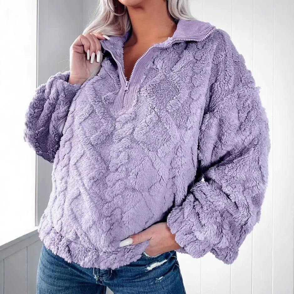 Pull femme – Coupe décontractée – Effet fourrure doux – Motif matelassé – Demi-zip