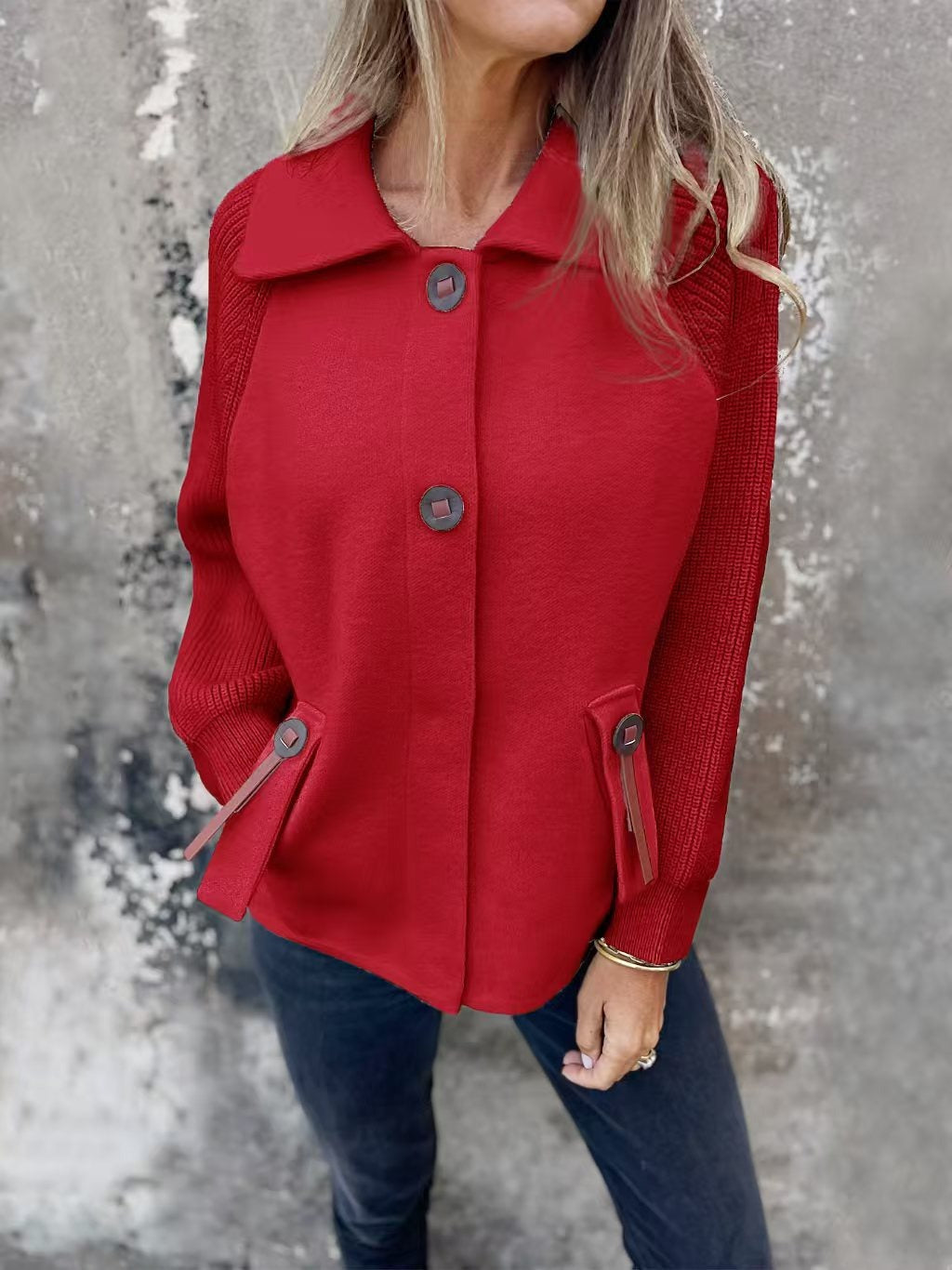 Veste femme – Coupe décontractée – Manches côtelées – Col large – Boutonnage devant