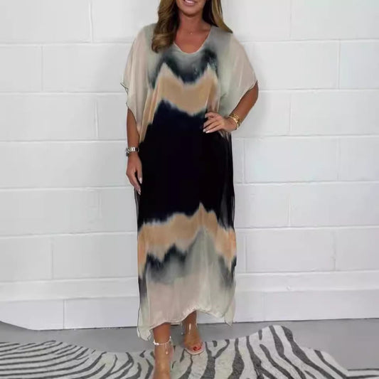 Robe longue femme – Chiffon léger – Coupe fluide – Col V – Manches courtes – Dégradé