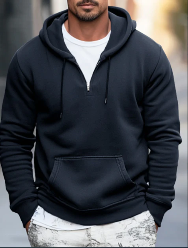 Sweat à capuche homme – Coupe décontractée – Coton – Zip quart – Poche kangourou