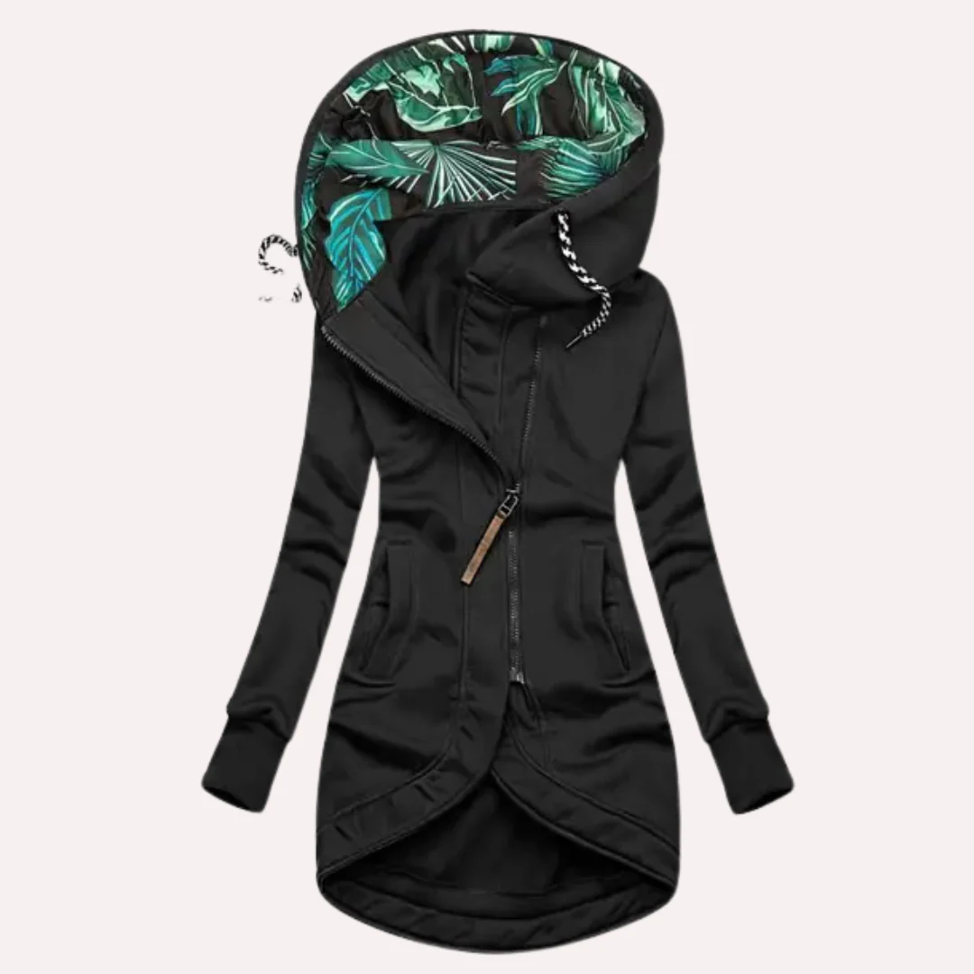 Veste femme – Coupe slim – Longue en polaire – Capuche à motif – Fermeture asymétrique