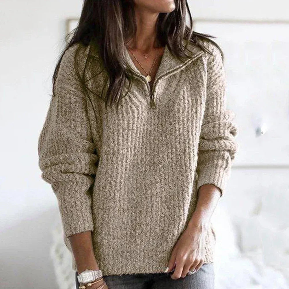 Pull à demi-zip femme – Coupe décontractée – Maille épaisse – Mélange laine doux