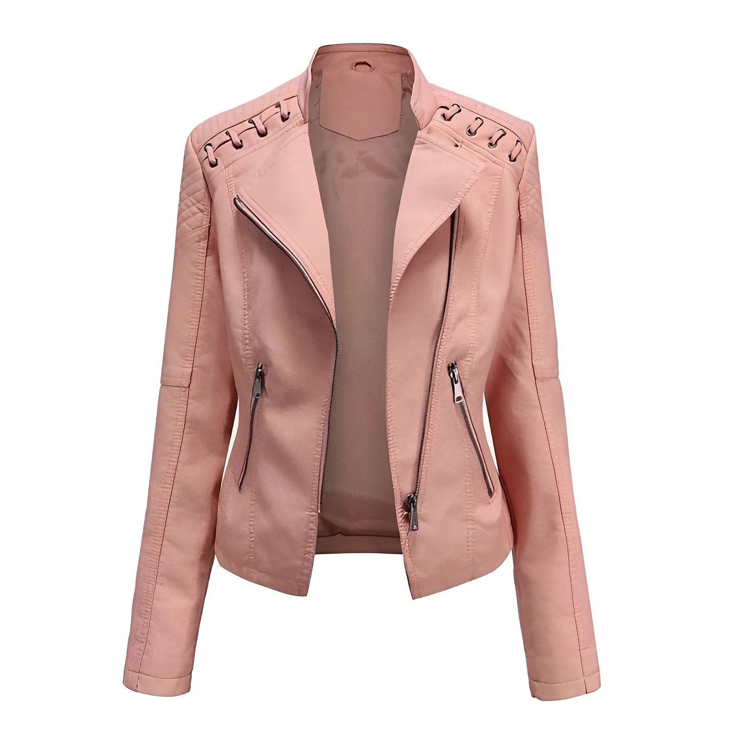 Veste en cuir femme – Coupe ajustée – Zip asymétrique – Épaules matelassées