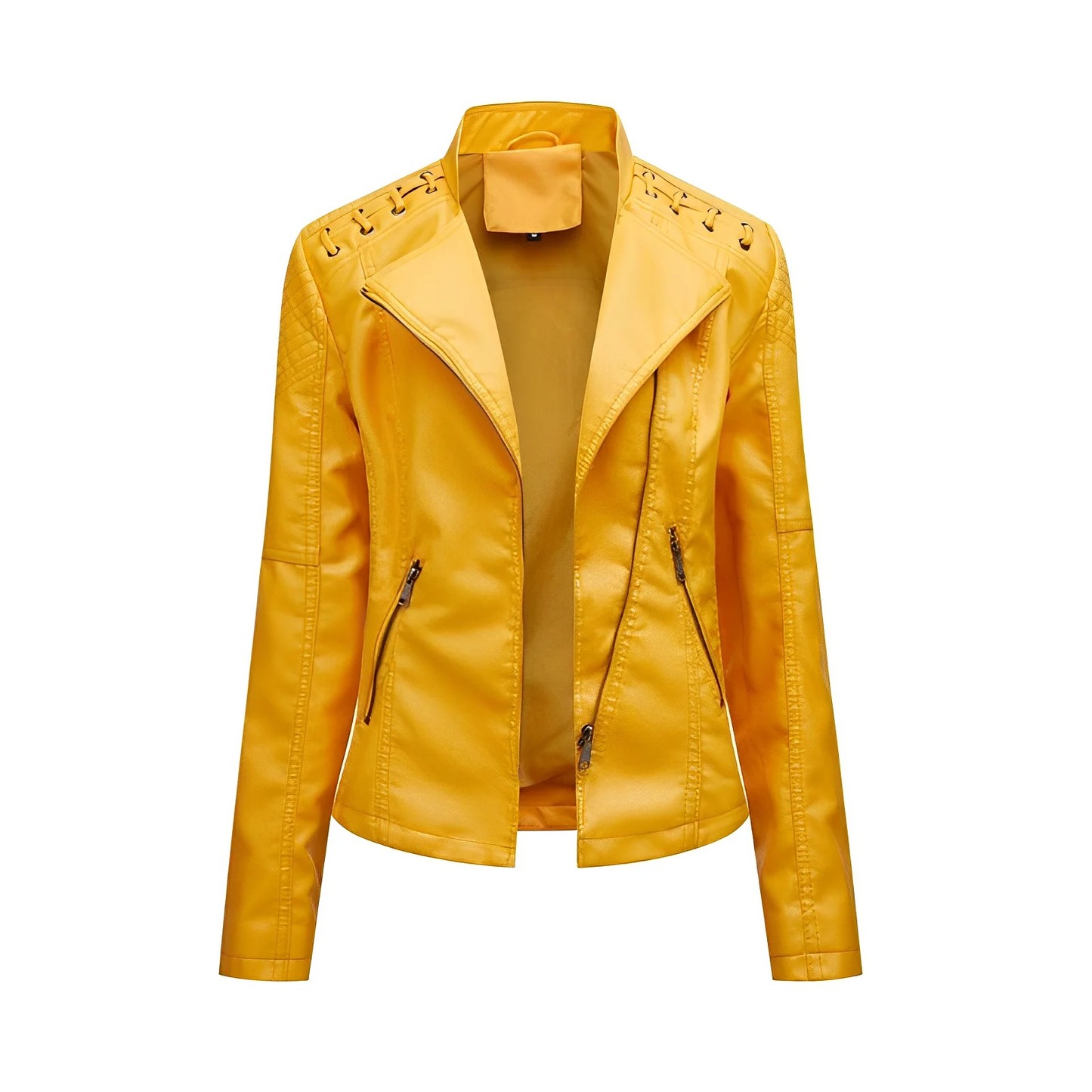 Veste en cuir femme – Coupe ajustée – Zip asymétrique – Épaules matelassées
